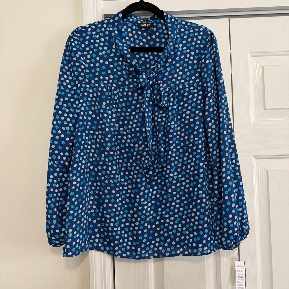 DKNY Cobalt Blue Dotted Long Sleeved Blouse Tie Neck Size Large, NWT